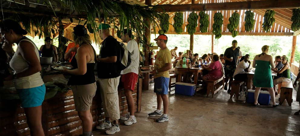 tourist having lunch of delicious local cuisine buffet