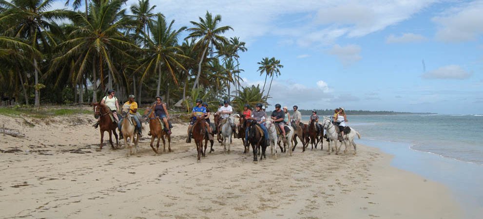 Group horseback riding on the beach in punta cana